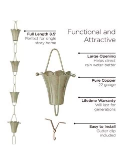 Fluted Flower Pure Copper Rain Chain, 8.5' -Pots - Planters Store 8612742 03v